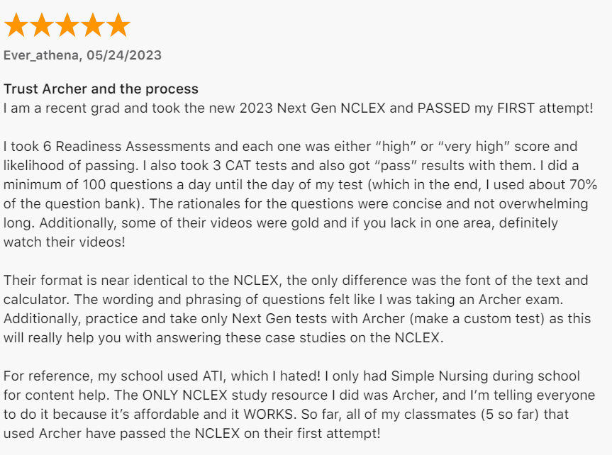 Review from Ever_athena in 05/24/2023 for Archer Review Prep Course in NGN NCLEX