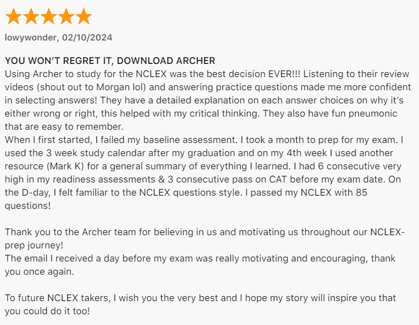Review from lowywonder in 02/10/2024 for Archer Review Prep Course