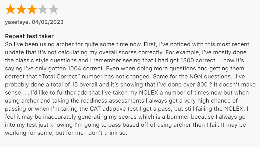 Review from yasefaye in 04/02/2023 for Archer Review Prep Course didn't help user pass exam